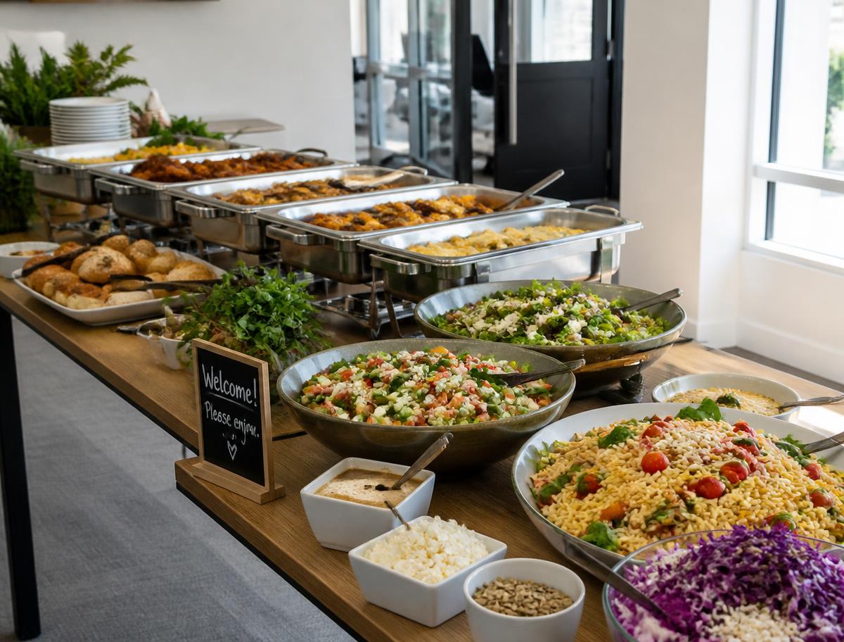 Buffet de catering corporativo con ensaladas y platos calientes