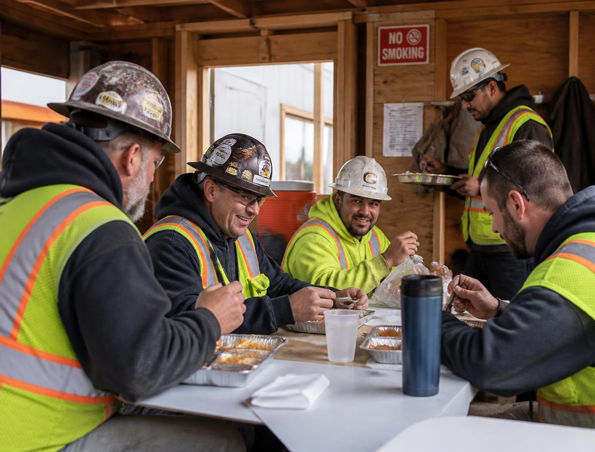 Trabajadores de construcción almorzando en el comedor de la obra